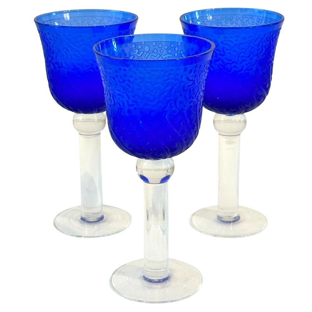 "It's A Blast" Arizona Cobalt Blue/Clear Stem Art Glass Water Wine Goblets-Set 3